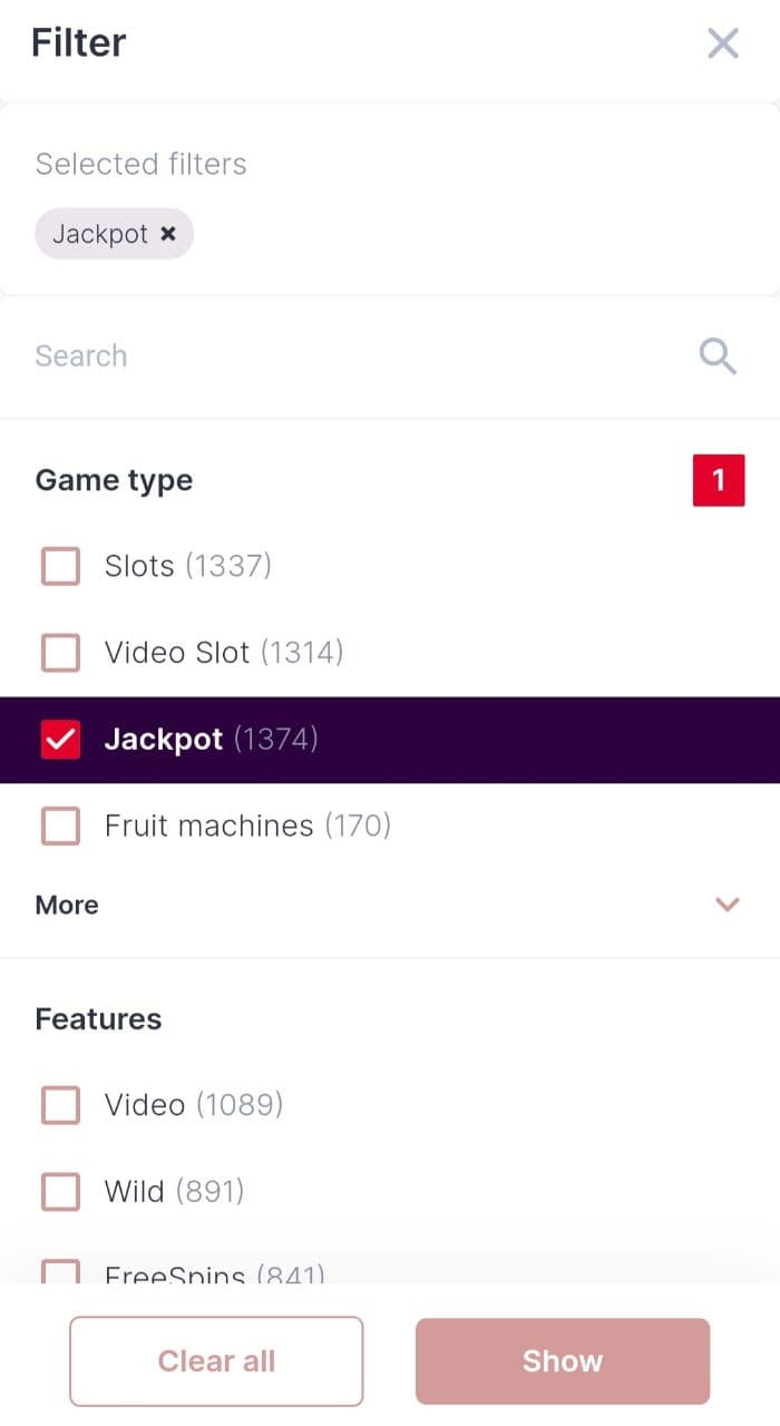 filter game type jackpots screen