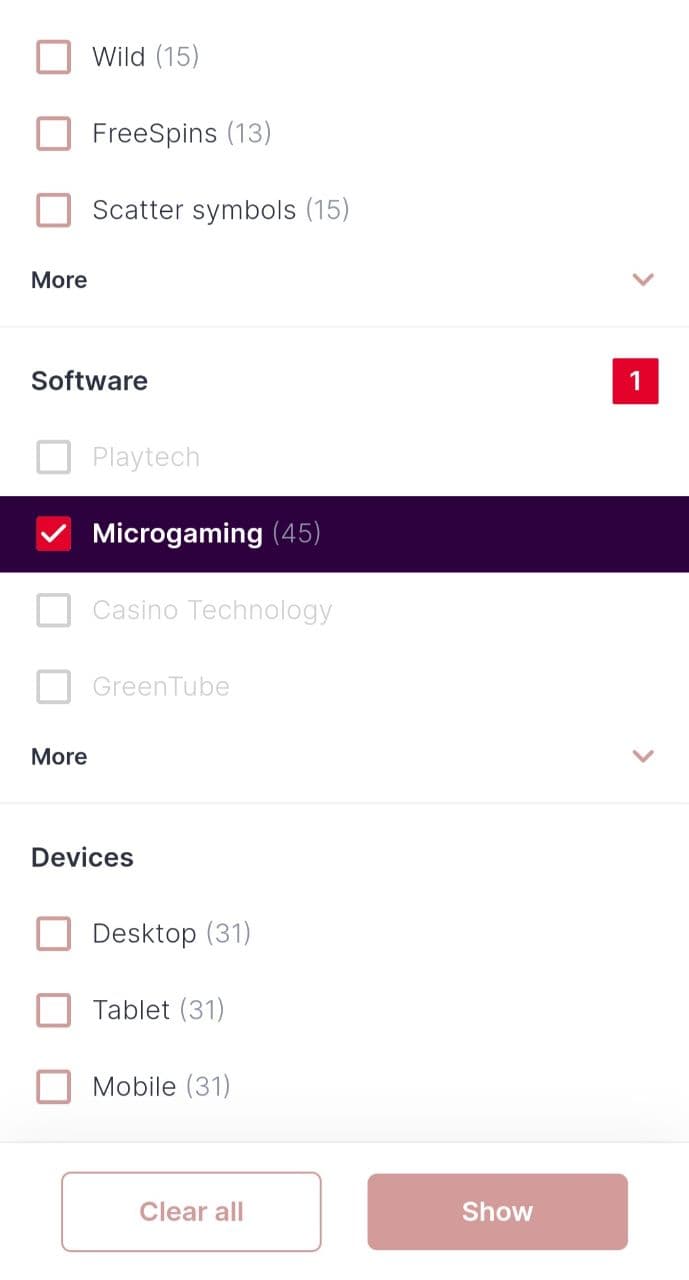 filter microgaming screen
