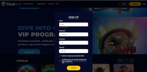 The process of registering at Blueleo Casino.
