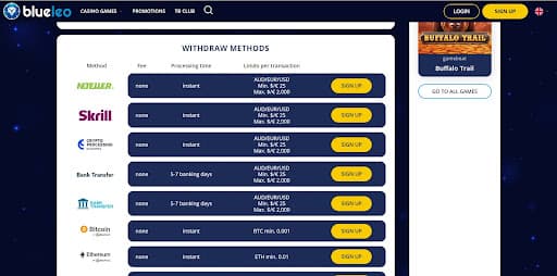 Withdraw Methods at Blueleo Casino
