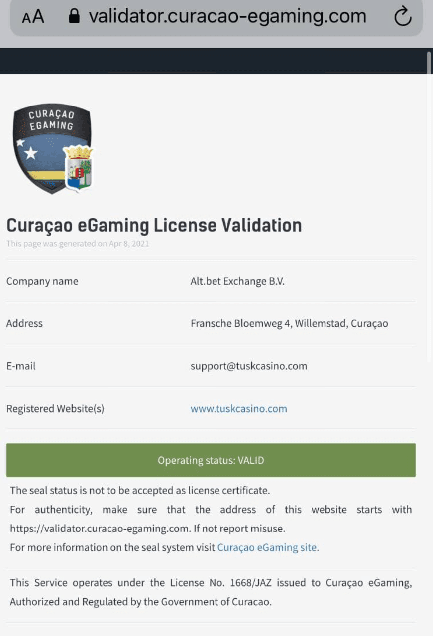 Curacao eGaming screen