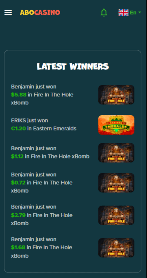 Latest winners table at Abocasino