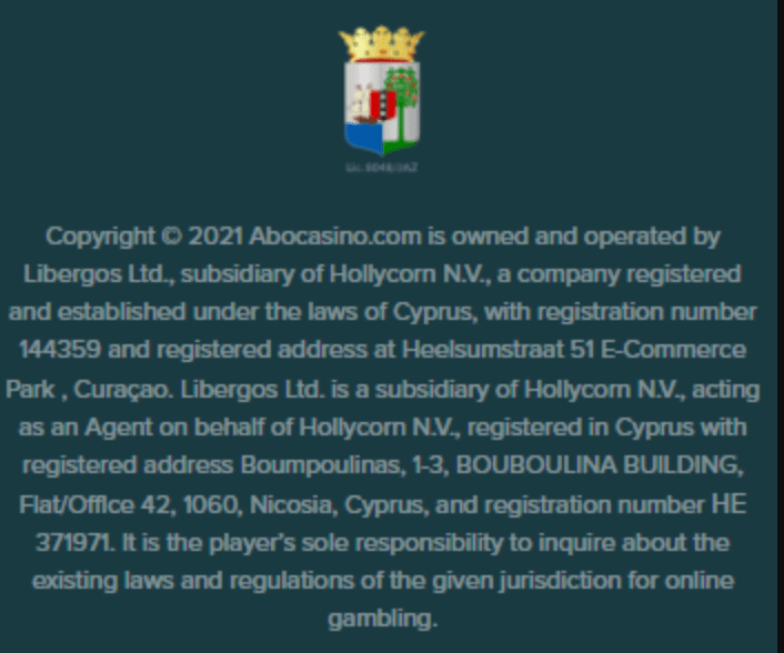The existence of a gambling license at Abo Casino